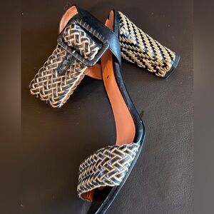 Via Spiga Black and Natural Woven Block Heel Sandals